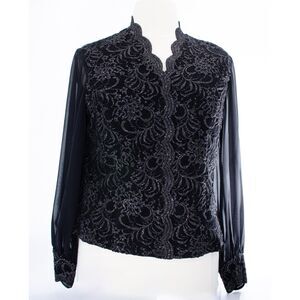 Alex Evenings Black Blouse with lace overlay and sheer sleeves